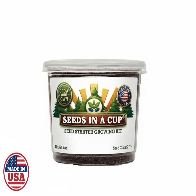 Seeds In A Cup Oak Tree grow kit with all included contents: non-GMO acorns, real loose potting soil, recyclable planter, and step-by-step growing instructions. Made in Cleveland, Ohio.