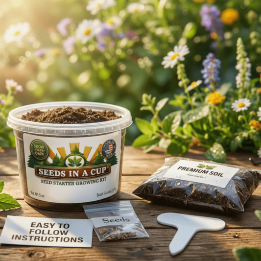 Oak Tree (Quercus) seed starter kit contents: premium non-GMO acorns, nutrient-rich loose potting soil, and recyclable planter with humidity lid by Seeds In A Cup - Made in USA.