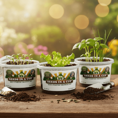 Healthy Oak Tree (Quercus) seedling growing in a Seeds In A Cup recyclable planter. Demonstrates successful germination using real potting soil and non-GMO acorns.