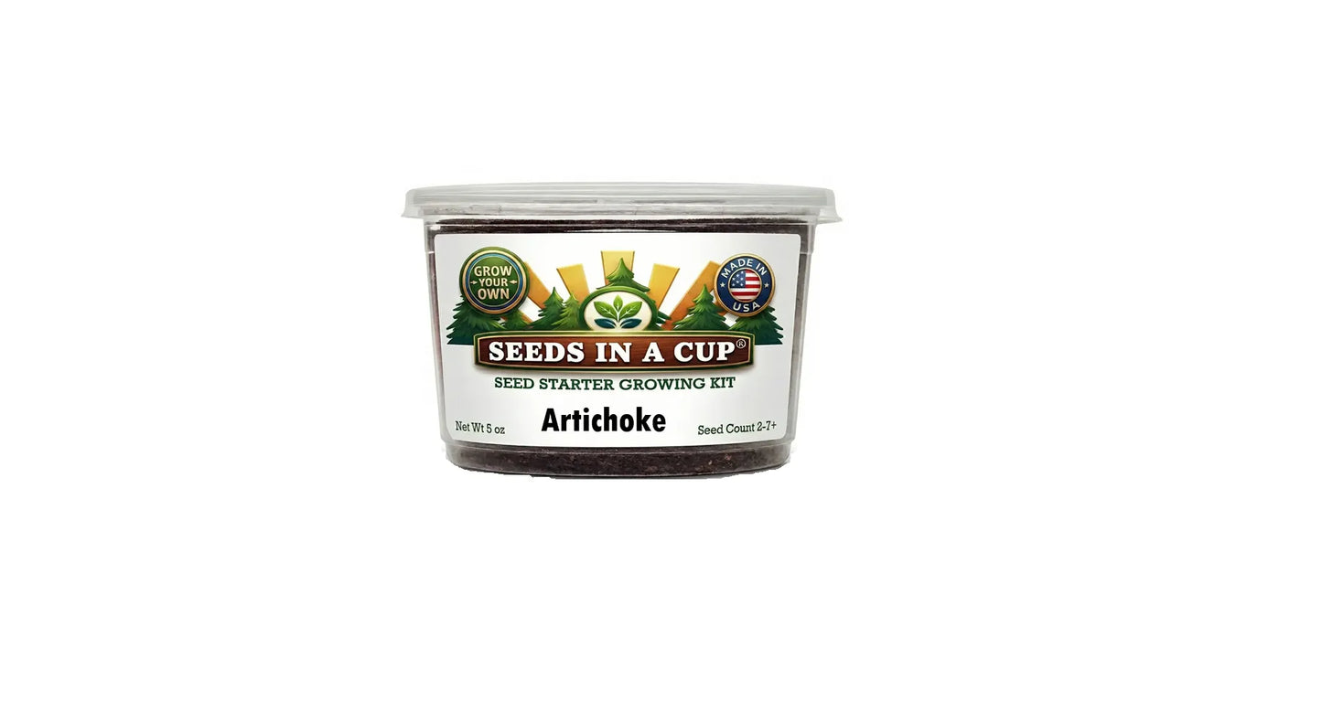 Seeds In A Cup® Artichoke (Cynara scolymus) Grow Kit — complete seed starter with recyclable planter, non-GMO seeds, and real potting soil. Hand-assembled in Cleveland, Ohio, USA.
