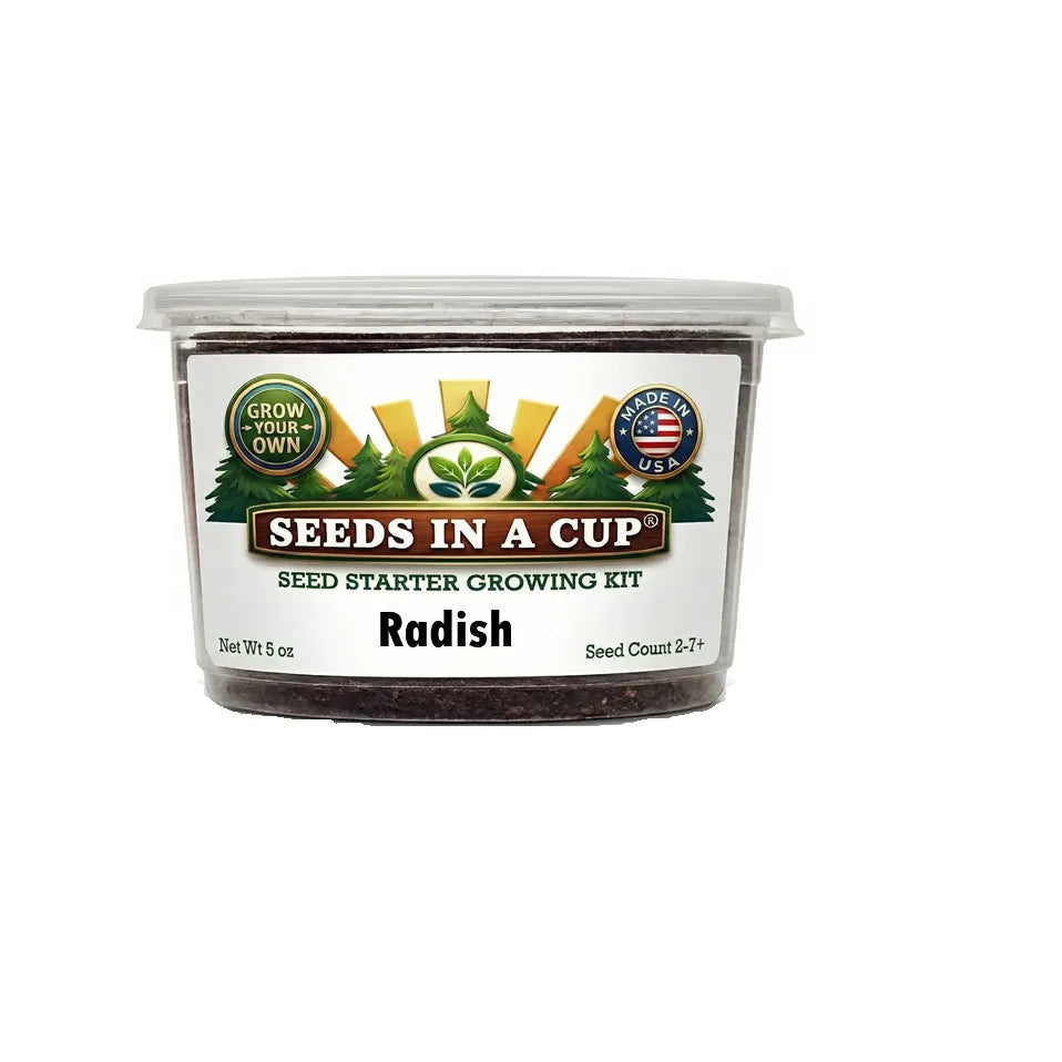 Seeds In A Cup Radish (Raphanus sativus) Grow Kit - Complete seed starter with recyclable planter, non-GMO seeds, and real potting soil. Hand-assembled in Cleveland, Ohio, USA.
