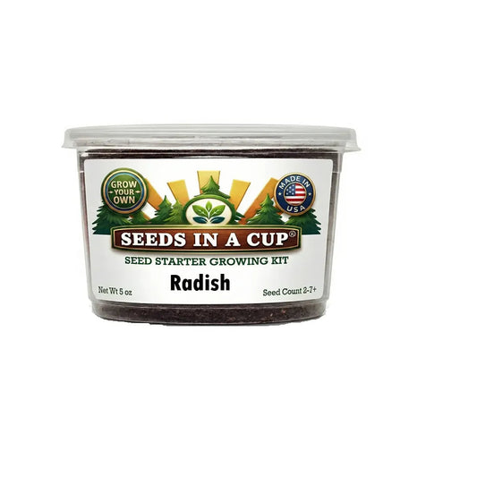Seeds In A Cup Radish (Raphanus sativus) Grow Kit - Complete seed starter with recyclable planter, non-GMO seeds, and real potting soil. Hand-assembled in Cleveland, Ohio, USA.