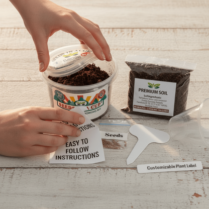Complete Seeds In A Cup Peach Tree growing system: recyclable planter, premium soil, and non-GMO Prunus persica seeds. Indoor seed starter kit made in Cleveland, Ohio, USA.
