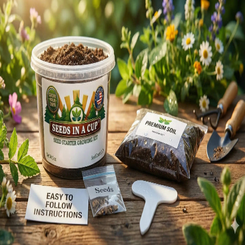 American Plum (Prunus americana) seed starter kit contents: premium non-GMO seeds, nutrient-rich loose potting soil, and recyclable planter with humidity lid by Seeds In A Cup - Made in USA.