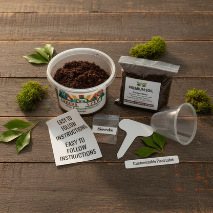 Seeds In A Cup Kit showcasing premium contents that come with successful germinating easy to use growing kit for trees and every plant type 