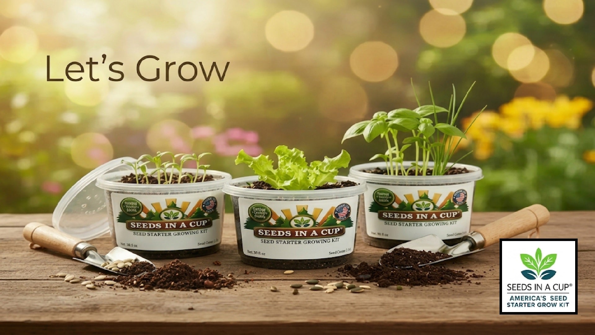 Seeds In A Cup® grow kits with fresh herb and vegetable seedlings on a garden table